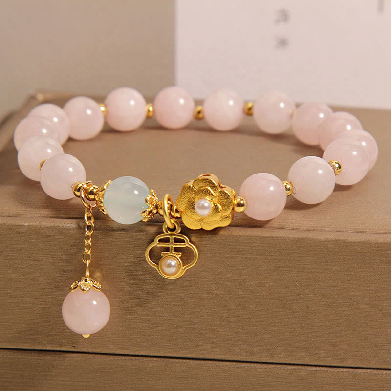 Pulsera de Piedra de Buda de Cristal Rosa Natural con Flor de la Suerte y Calidez