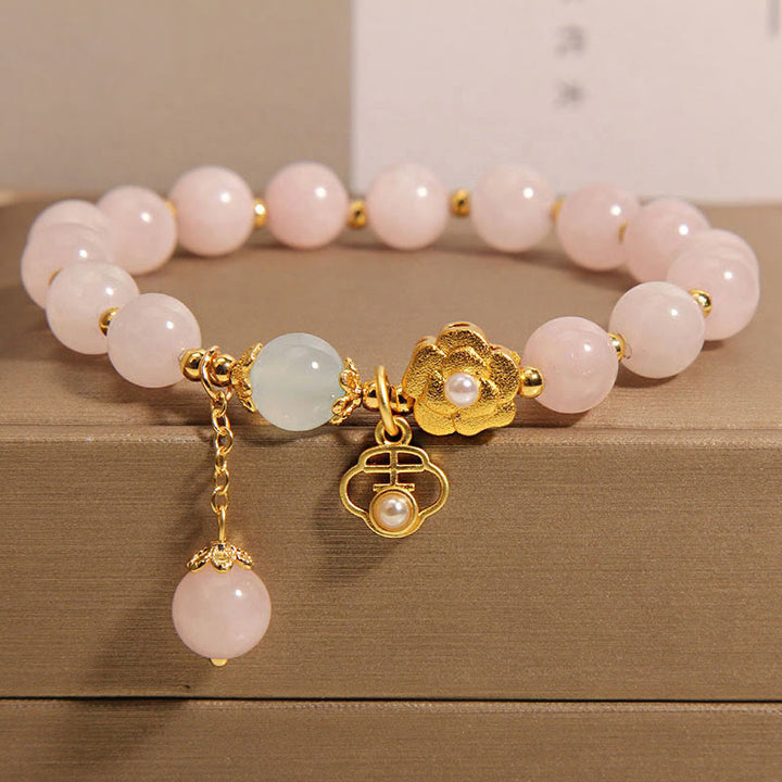 Pulsera de Piedra de Buda de Cristal Rosa Natural con Flor de la Suerte y Calidez