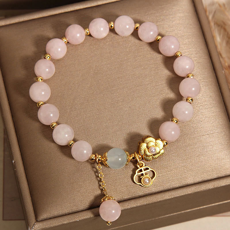 Pulsera de Piedra de Buda de Cristal Rosa Natural con Flor de la Suerte y Calidez