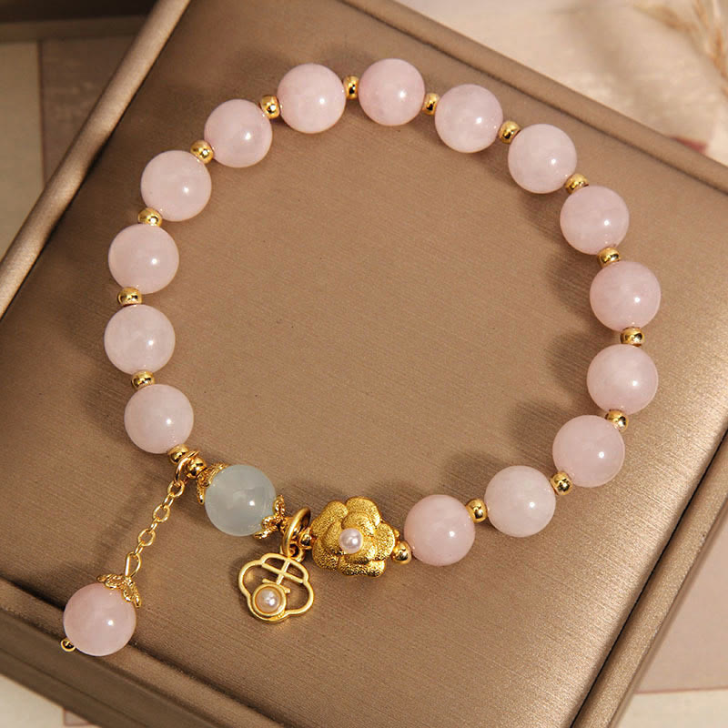 Pulsera de Piedra de Buda de Cristal Rosa Natural con Flor de la Suerte y Calidez