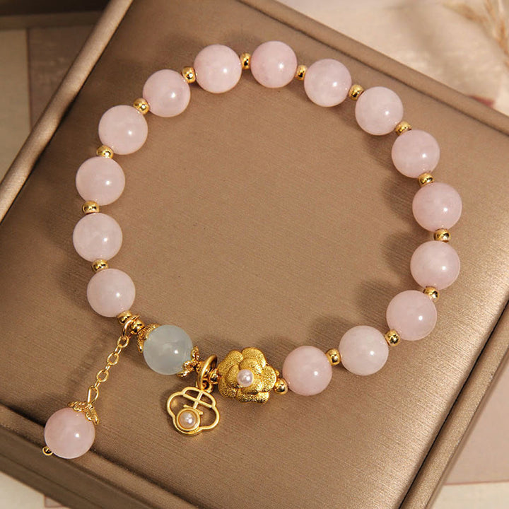 Pulsera de Piedra de Buda de Cristal Rosa Natural con Flor de la Suerte y Calidez
