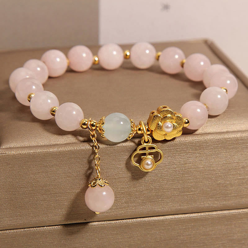 Pulsera de Piedra de Buda de Cristal Rosa Natural con Flor de la Suerte y Calidez