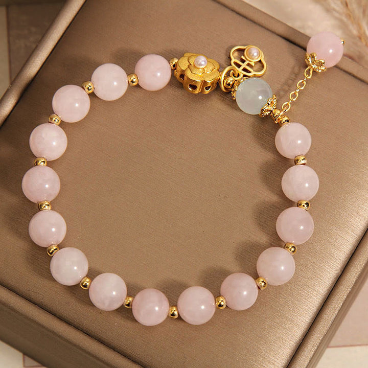 Pulsera de Piedra de Buda de Cristal Rosa Natural con Flor de la Suerte y Calidez