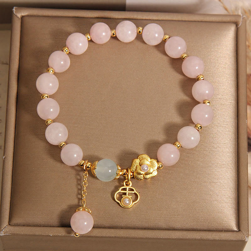 Pulsera de Piedra de Buda de Cristal Rosa Natural con Flor de la Suerte y Calidez