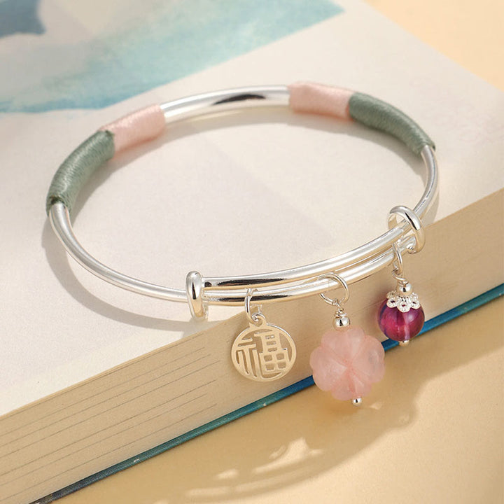 Buddha Piedras Pulsera de Amor con Flor de la Suerte y Broche de Paz de Cristal Rosa