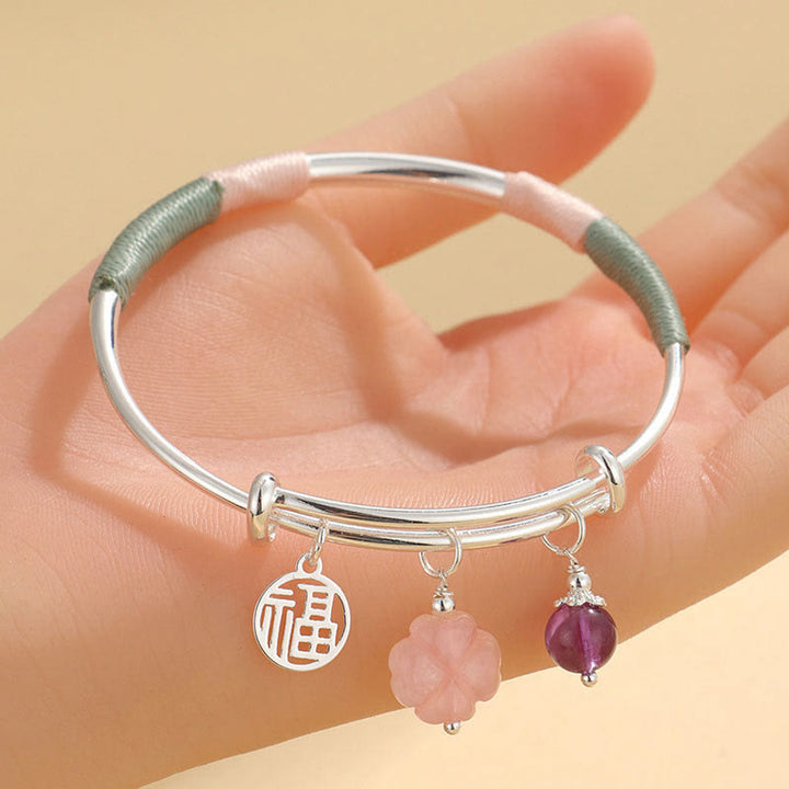 Buddha Piedras Pulsera de Amor con Flor de la Suerte y Broche de Paz de Cristal Rosa