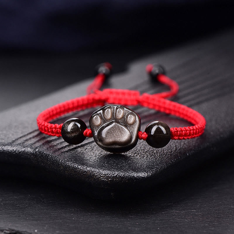 	Buddha Stones Obsidianas de Sheen de Plata Natural Sheen de Oro Obsidiana Garra de Gato Calmante Pulsera Trenzada - Obsidiana plateada brillante (circunferencia de la muñeca: 15-17 cm) - Cuerda roja de garra de gato - image 1