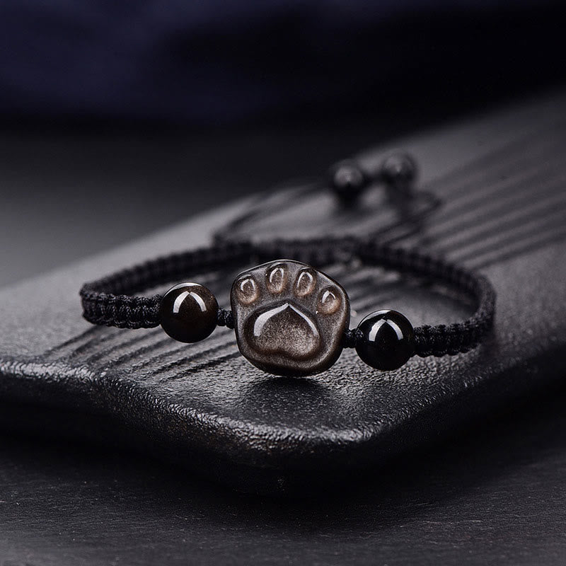 	Buddha Stones Obsidianas de Sheen de Plata Natural Sheen de Oro Obsidiana Garra de Gato Calmante Pulsera Trenzada - Obsidiana plateada brillante (circunferencia de la muñeca: 15-17 cm) - Cuerda negra de garra de gato - image 2
