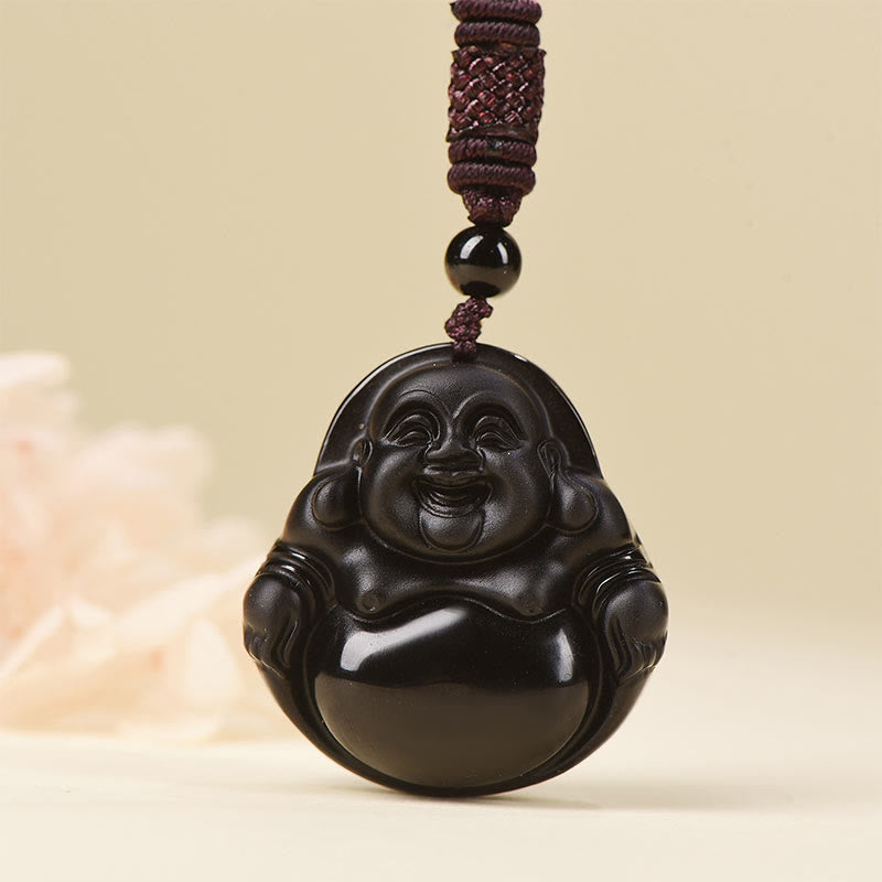 Piedras de Buda Obsidiana Negra Natural Hielo Obsidiana Colgante de Purificación de Buda Sonriente