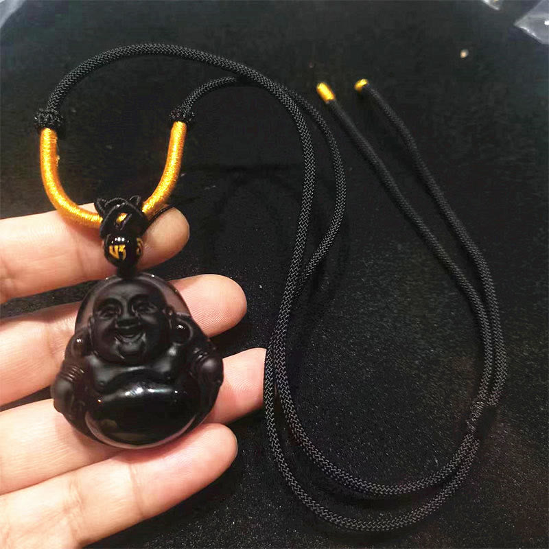 Piedras de Buda Obsidiana Negra Natural Hielo Obsidiana Colgante de Purificación de Buda Sonriente