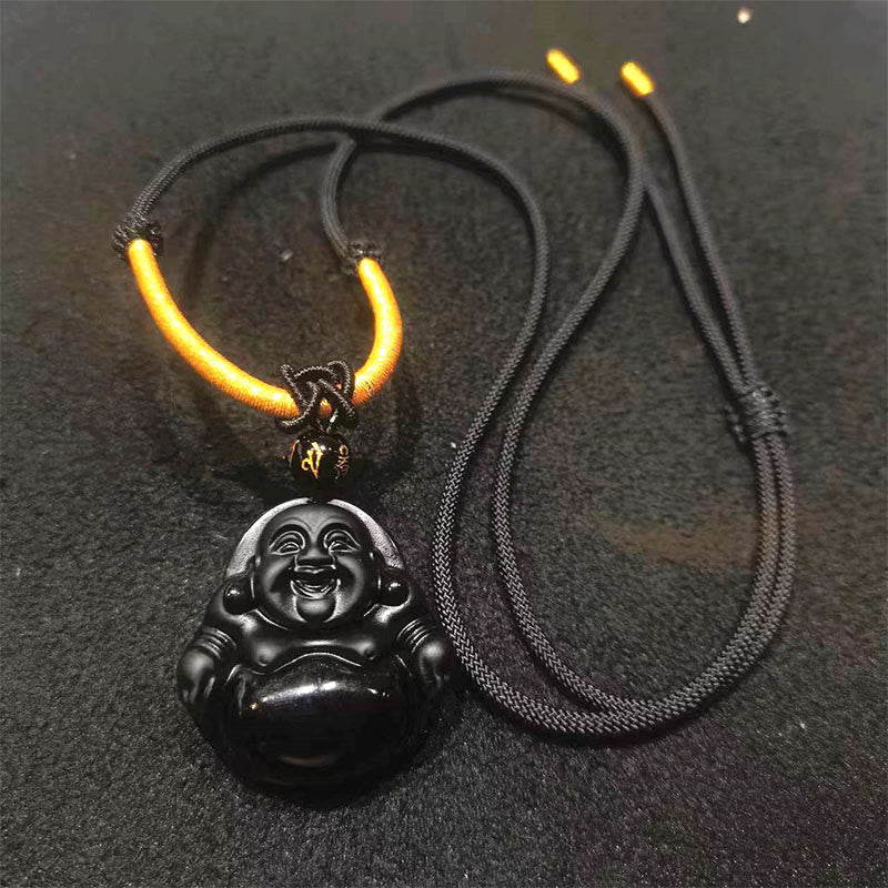 Piedras de Buda Obsidiana Negra Natural Hielo Obsidiana Colgante de Purificación de Buda Sonriente