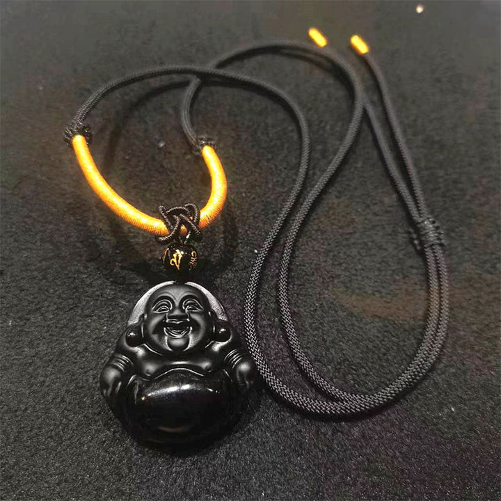 Piedras de Buda Obsidiana Negra Natural Hielo Obsidiana Colgante de Purificación de Buda Sonriente