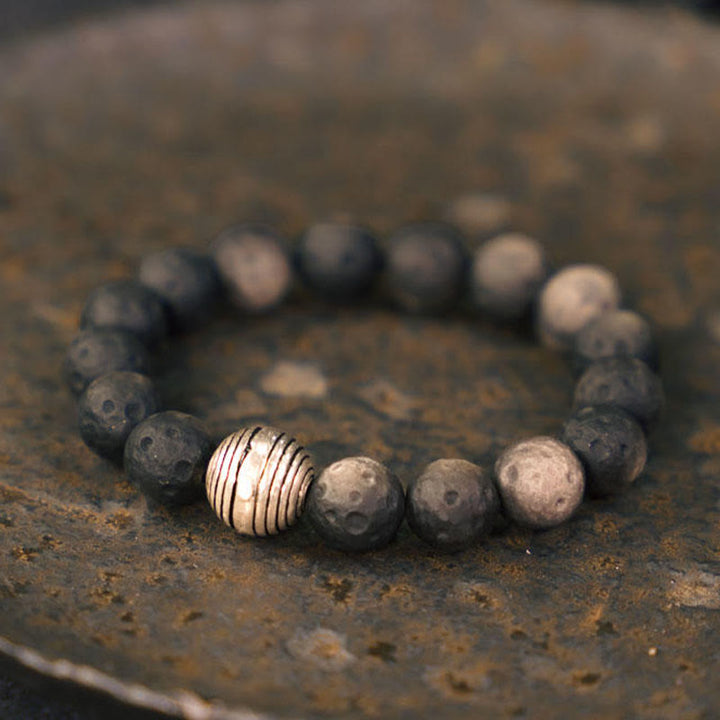 Piedras de Buda Pulsera de Protección de Obsidiana Plateada Natural y Meteorito Lunar