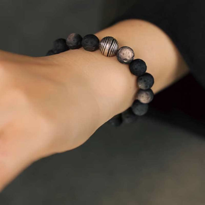 Piedras de Buda Pulsera de Protección de Obsidiana Plateada Natural y Meteorito Lunar