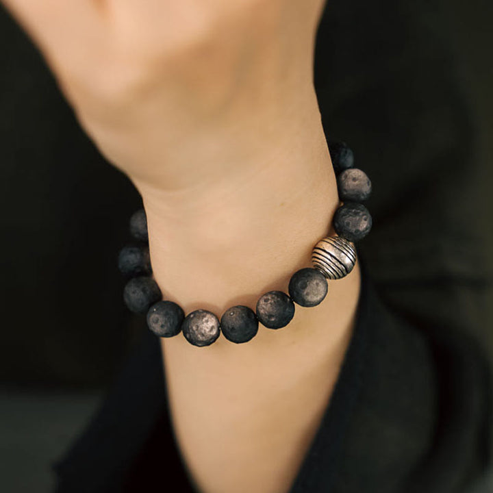 Piedras de Buda Pulsera de Protección de Obsidiana Plateada Natural y Meteorito Lunar