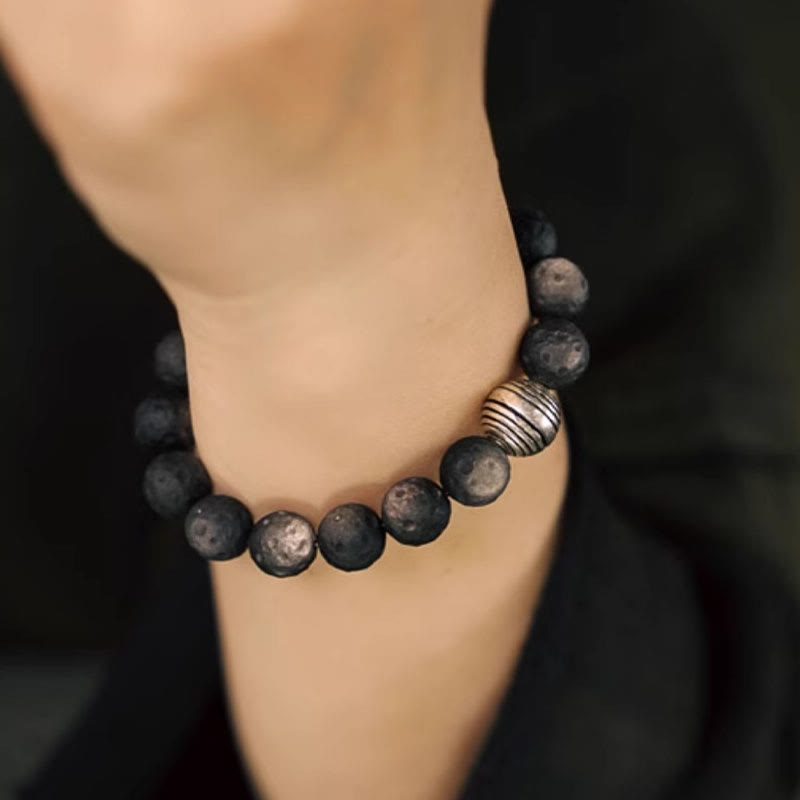Piedras de Buda Pulsera de Protección de Obsidiana Plateada Natural y Meteorito Lunar