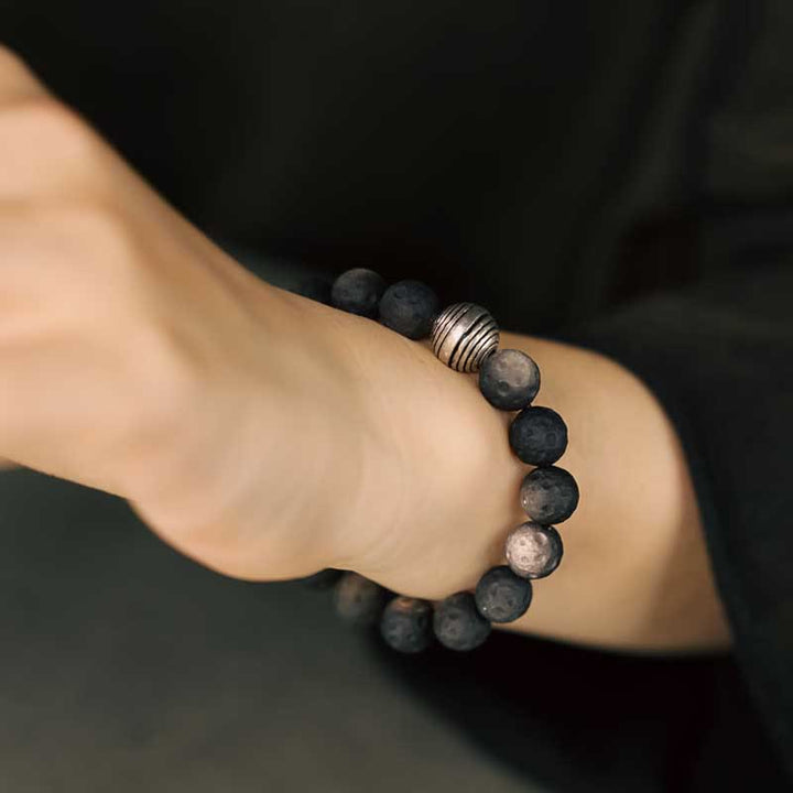 Piedras de Buda Pulsera de Protección de Obsidiana Plateada Natural y Meteorito Lunar