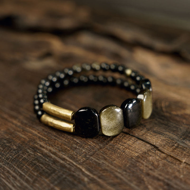 Pulseras de Piedras de Buda Obsidiana Negra Obsidiana de Brillo Dorado Fortalecedor