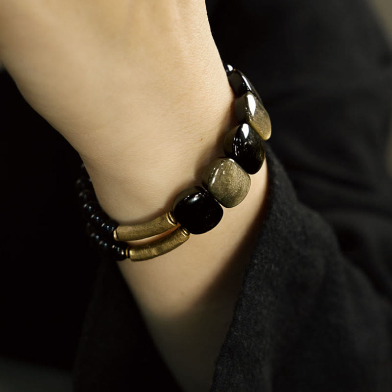 Pulseras de Piedras de Buda Obsidiana Negra Obsidiana de Brillo Dorado Fortalecedor