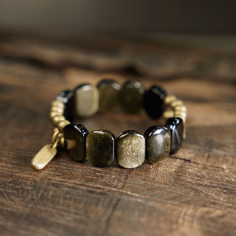 Pulseras de Piedras de Buda Obsidiana Negra Obsidiana de Brillo Dorado Fortalecedor