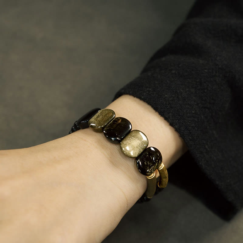 Pulseras de Piedras de Buda Obsidiana Negra Obsidiana de Brillo Dorado Fortalecedor