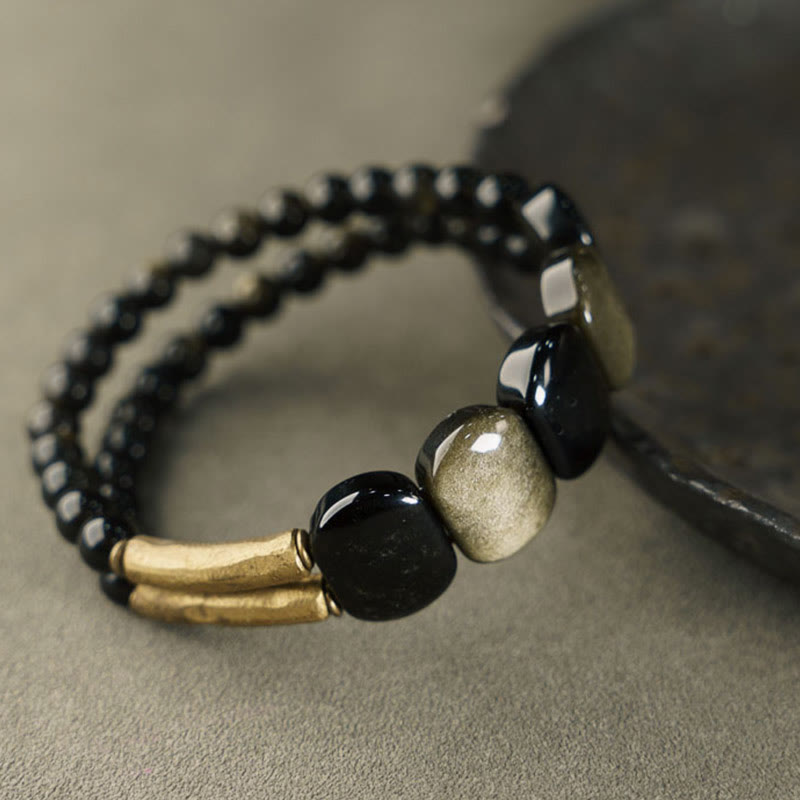 Pulseras de Piedras de Buda Obsidiana Negra Obsidiana de Brillo Dorado Fortalecedor