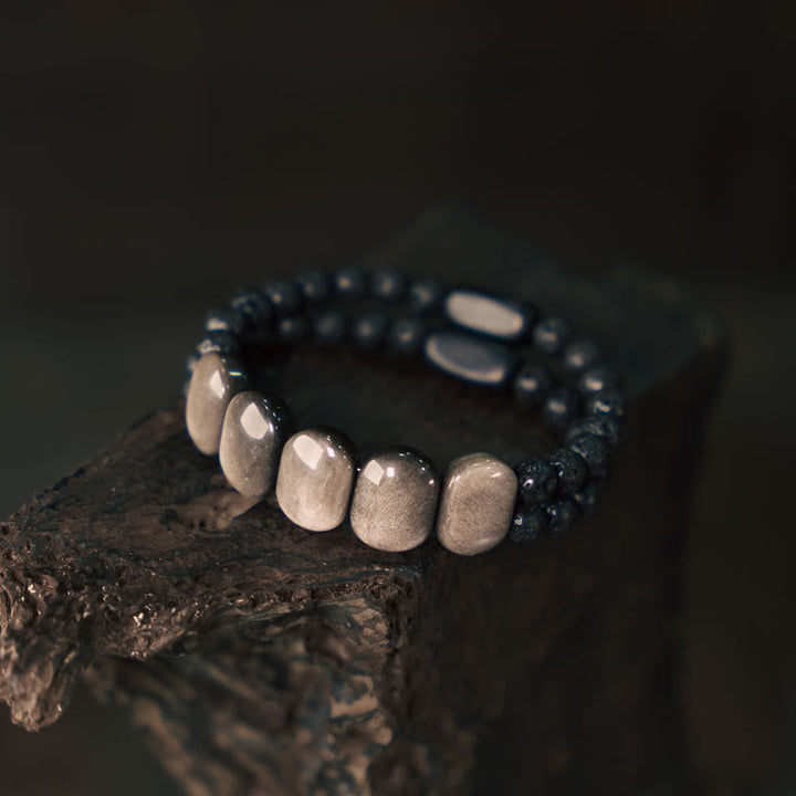 Pulsera de Comunicación de Piedras de Buda de Obsidiana con Brillo Plateado Natural y Roca de Lava