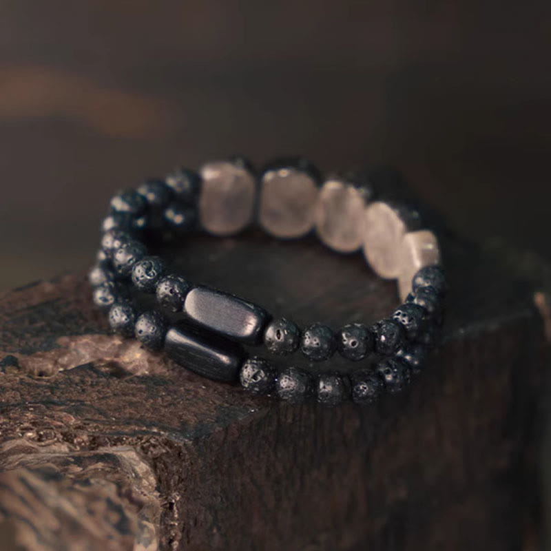 Pulsera de Comunicación de Piedras de Buda de Obsidiana con Brillo Plateado Natural y Roca de Lava
