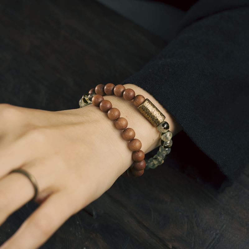 Buda Piedras Cuarzo Verde con Rutilo Pulsera de Sándalo Natural para Purificación