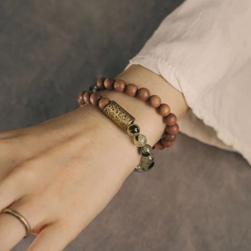 Buda Piedras Cuarzo Verde con Rutilo Pulsera de Sándalo Natural para Purificación