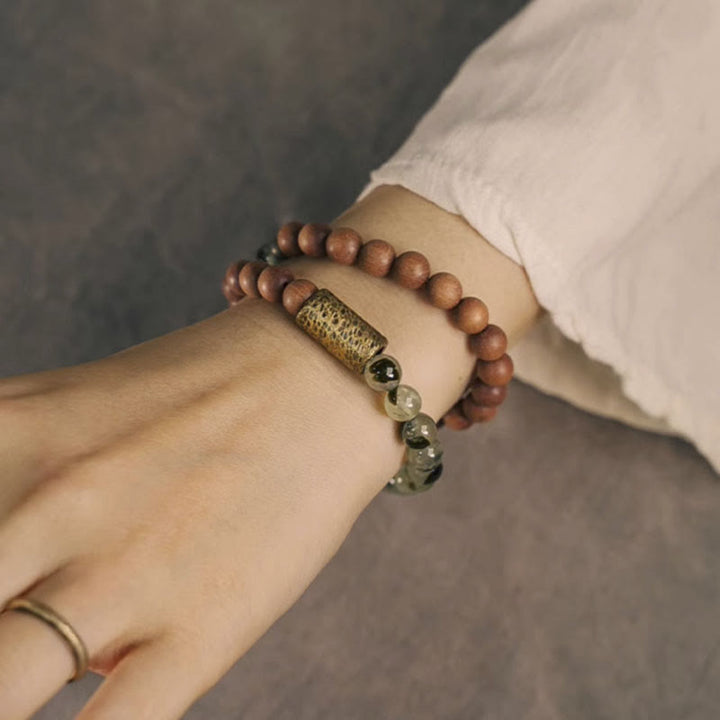Buda Piedras Cuarzo Verde con Rutilo Pulsera de Sándalo Natural para Purificación