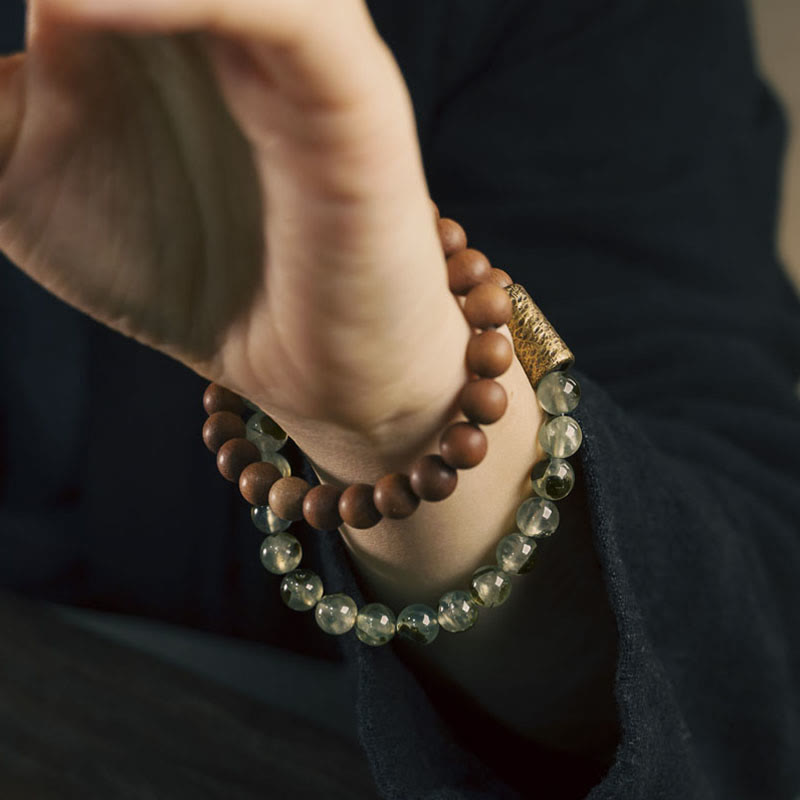 Buda Piedras Cuarzo Verde con Rutilo Pulsera de Sándalo Natural para Purificación