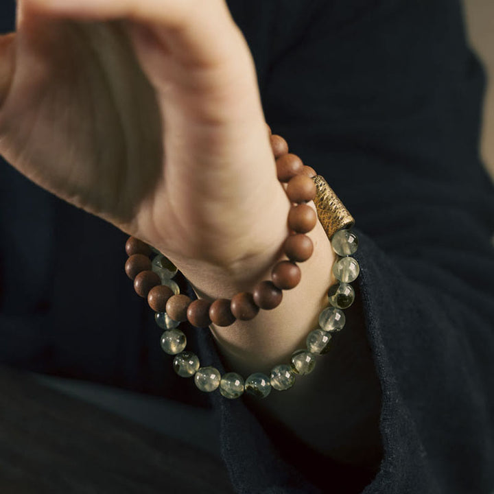 Buda Piedras Cuarzo Verde con Rutilo Pulsera de Sándalo Natural para Purificación