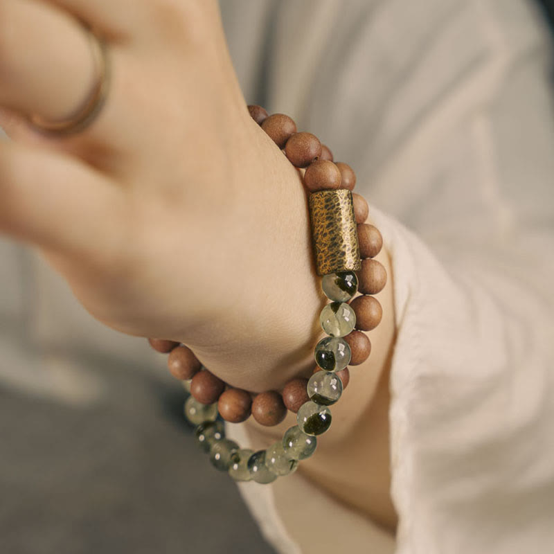 Buda Piedras Cuarzo Verde con Rutilo Pulsera de Sándalo Natural para Purificación