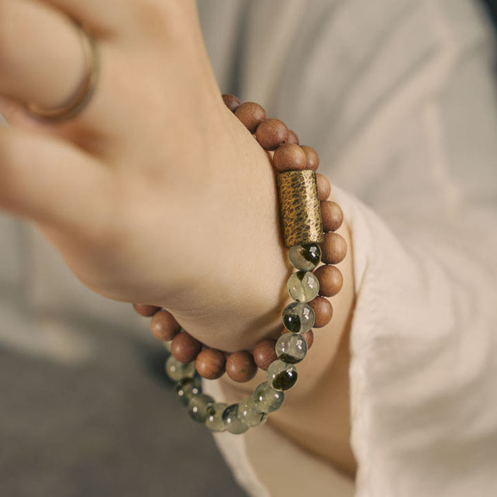 Buda Piedras Cuarzo Verde con Rutilo Pulsera de Sándalo Natural para Purificación