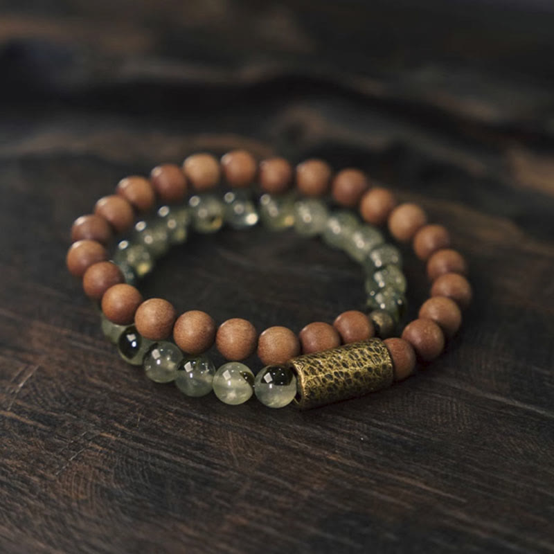 Buda Piedras Cuarzo Verde con Rutilo Pulsera de Sándalo Natural para Purificación