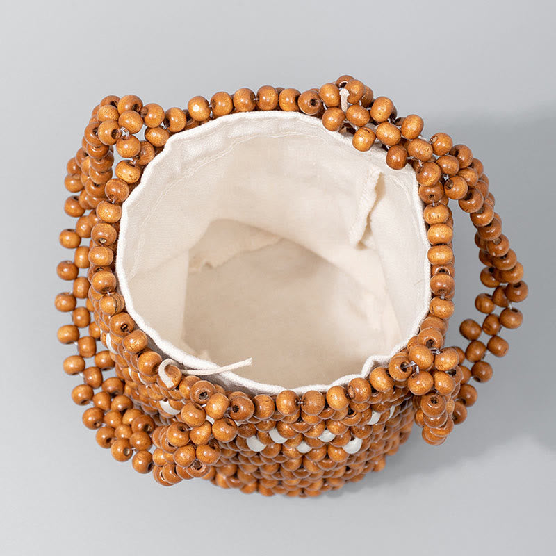 Buda Piedras Bolso de Cubo Tejido a Mano Bolso de Mano de Cuentas de Madera Portátil