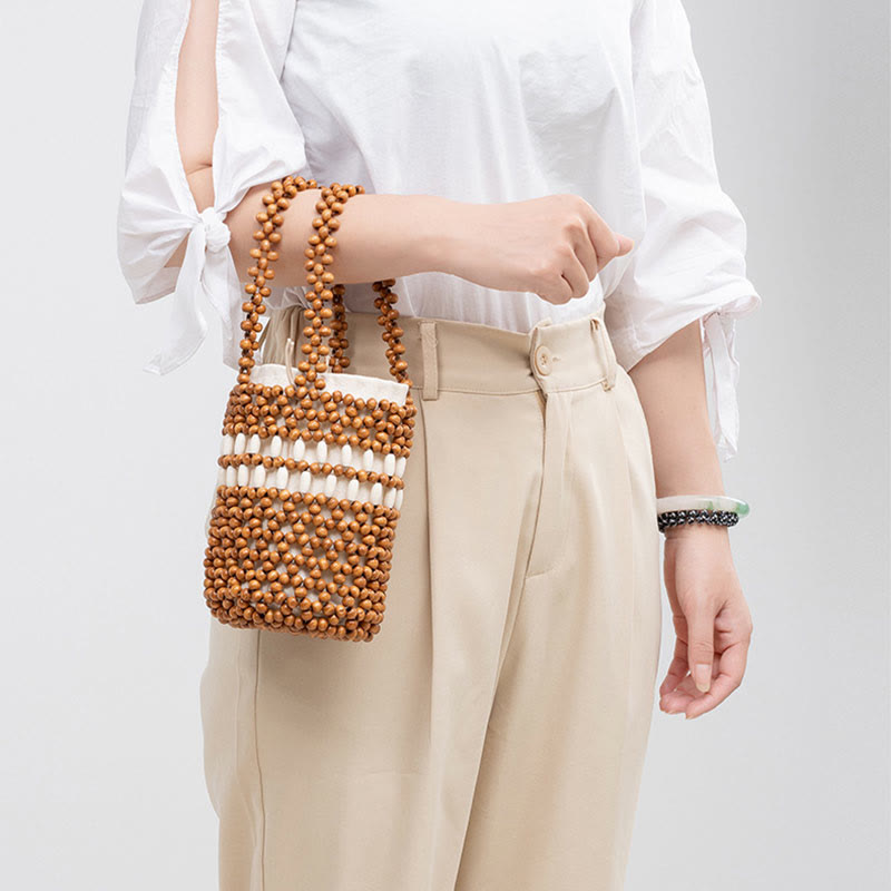 Buda Piedras Bolso de Cubo Tejido a Mano Bolso de Mano de Cuentas de Madera Portátil