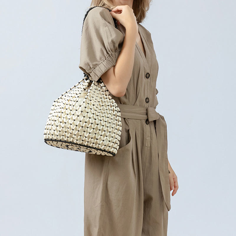 Bolso de Hombro Tejido a Mano con Piedras de Buda y Cuentas de Madera