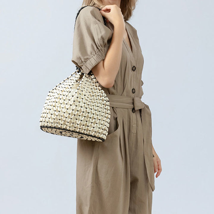 Bolso de Hombro Tejido a Mano con Piedras de Buda y Cuentas de Madera