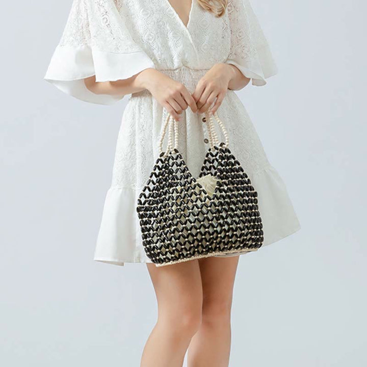 Bolso de Hombro Tejido a Mano con Piedras de Buda y Cuentas de Madera