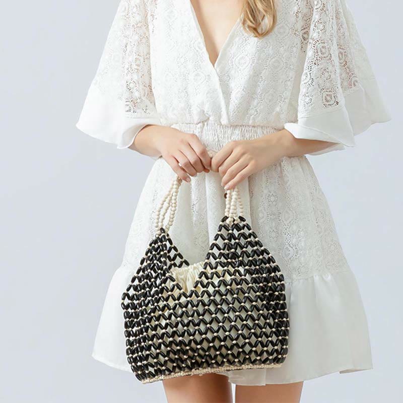 Bolso de Hombro Tejido a Mano con Piedras de Buda y Cuentas de Madera