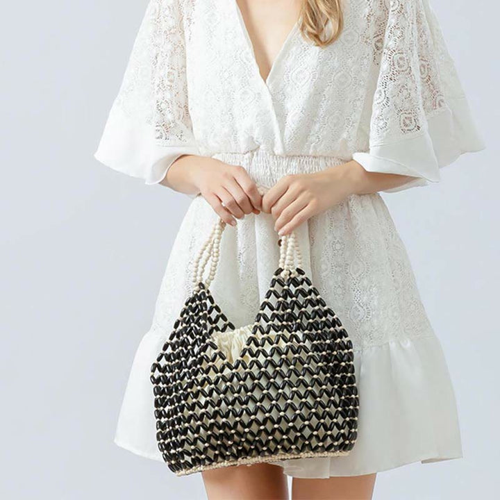 Bolso de Hombro Tejido a Mano con Piedras de Buda y Cuentas de Madera