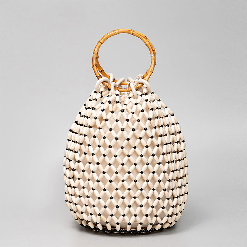 Bolso de hombro tejido a mano de piedras de Buda con asas de bambú