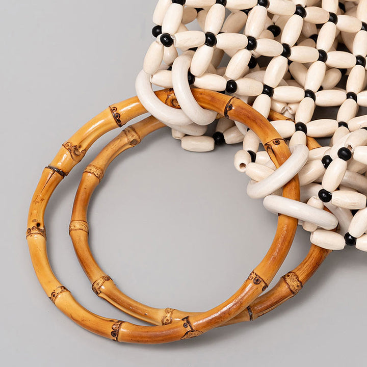 Bolso de hombro tejido a mano de piedras de Buda con asas de bambú