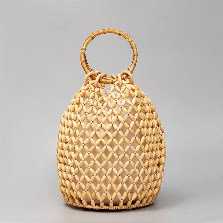 Bolso de hombro tejido a mano de piedras de Buda con asas de bambú