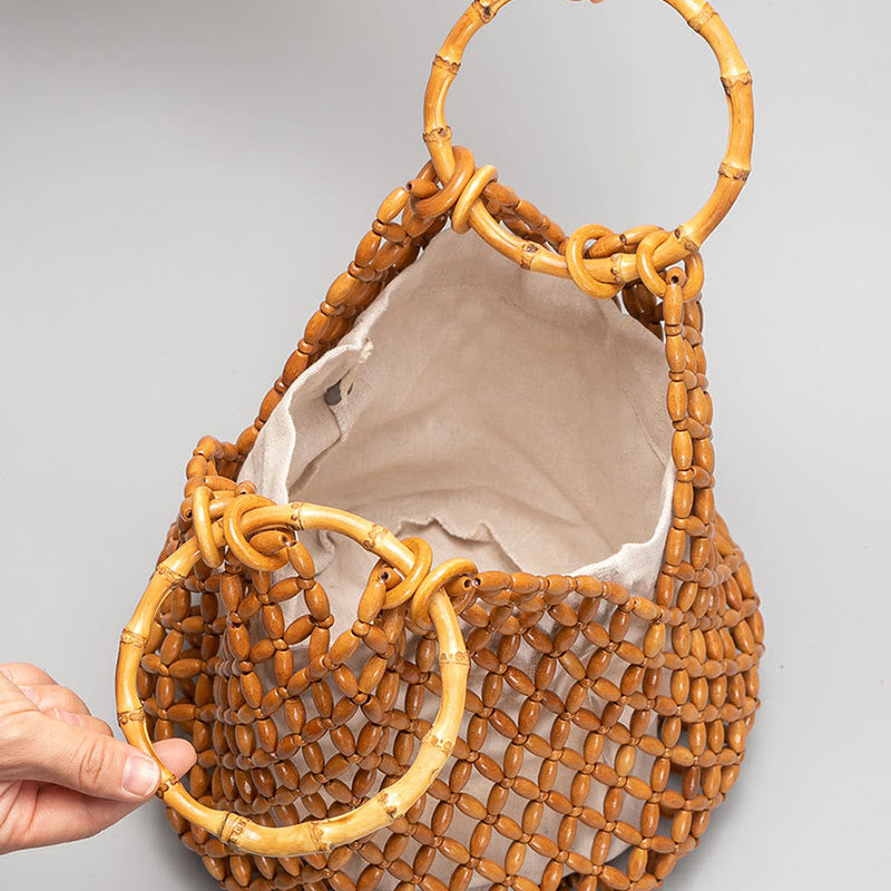 Bolso de hombro tejido a mano de piedras de Buda con asas de bambú