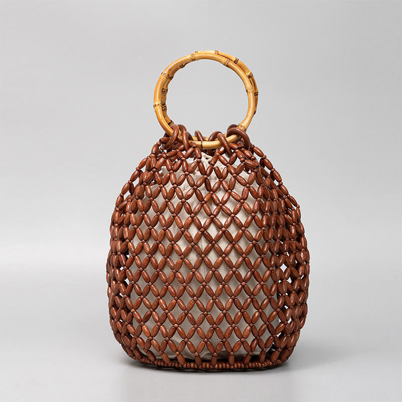 Bolso de hombro tejido a mano de piedras de Buda con asas de bambú