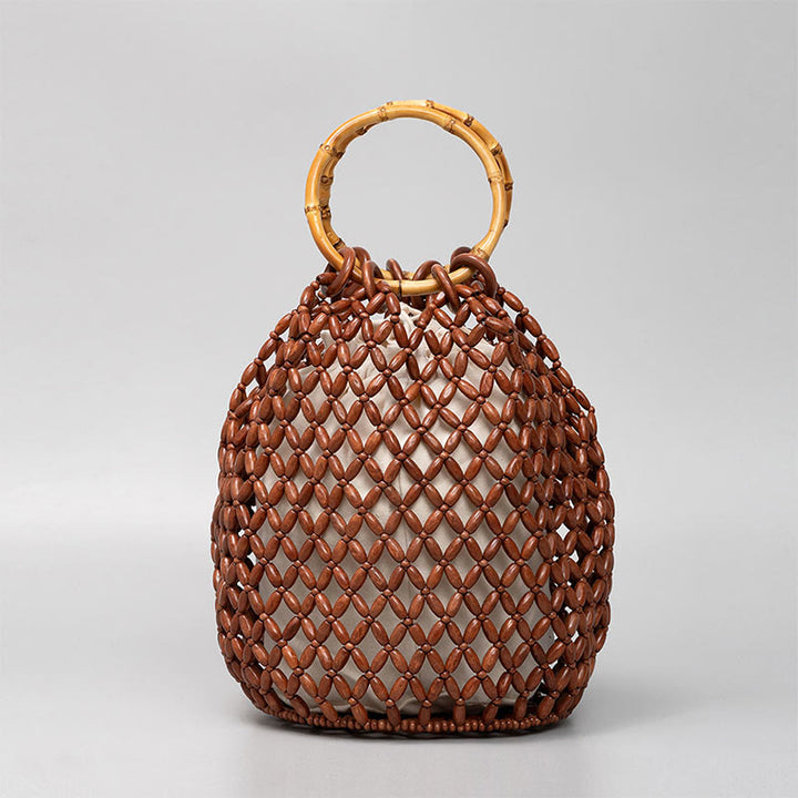 Bolso de hombro tejido a mano de piedras de Buda con asas de bambú