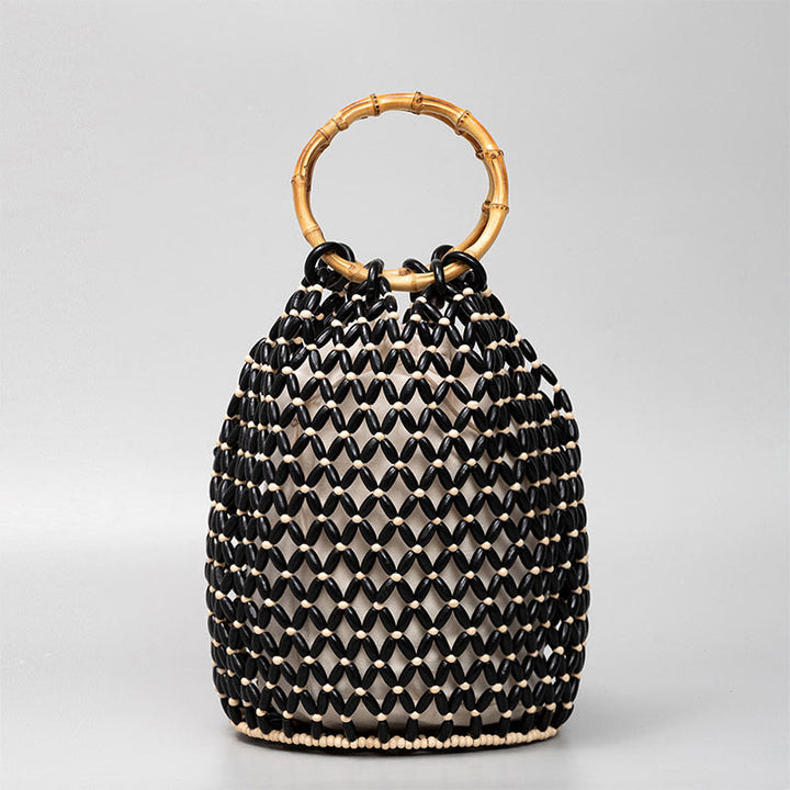 Bolso de hombro tejido a mano de piedras de Buda con asas de bambú